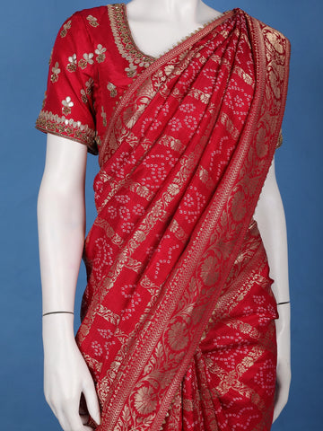 Bridal Red Print Woven Zari Border Bandhani Saree - Diadem