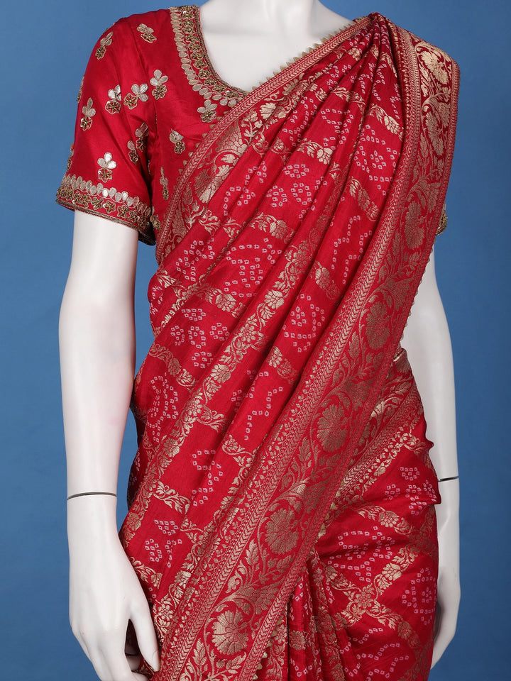 Bridal Red Print Woven Zari Border Bandhani Saree - Diadem