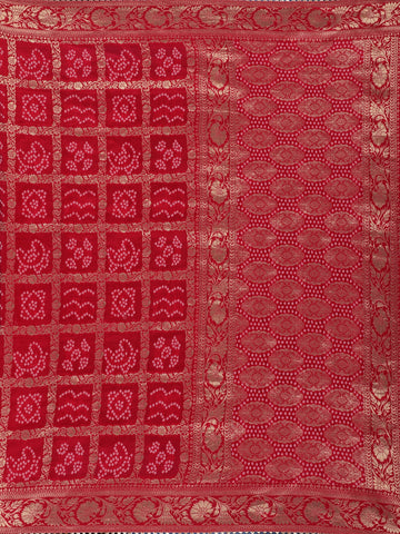 Bridal Red Print Woven Zari Border Bandhani Saree - Diadem