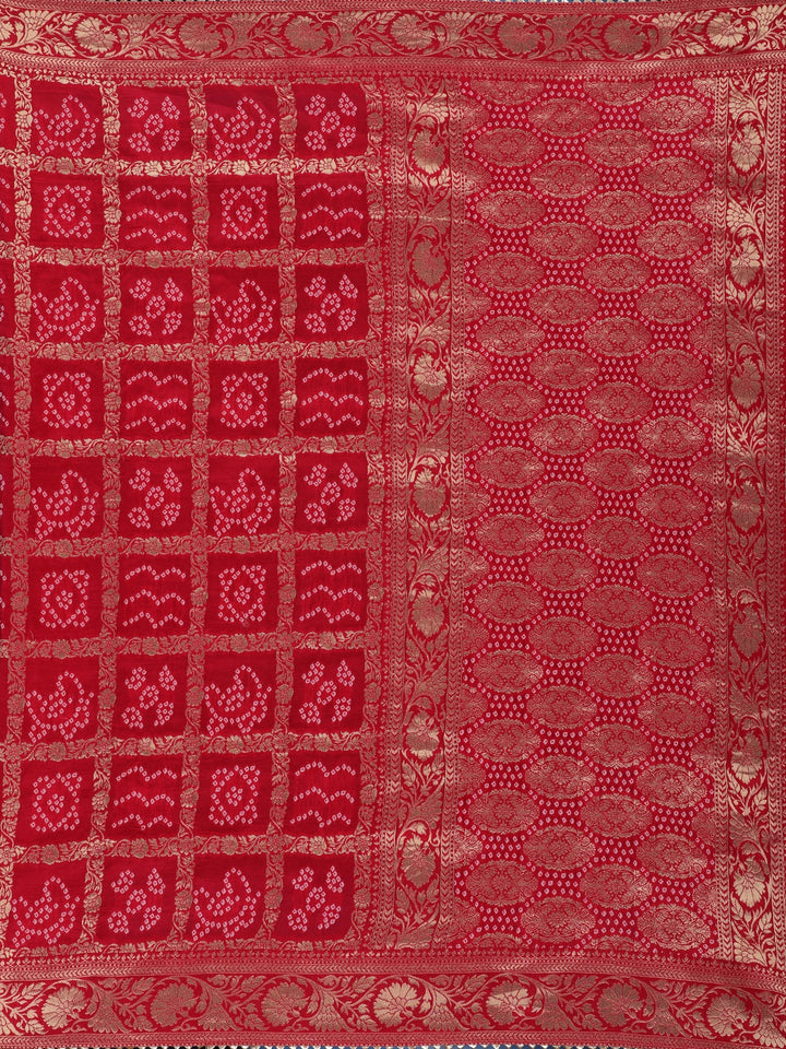 Bridal Red Print Woven Zari Border Bandhani Saree - Diadem