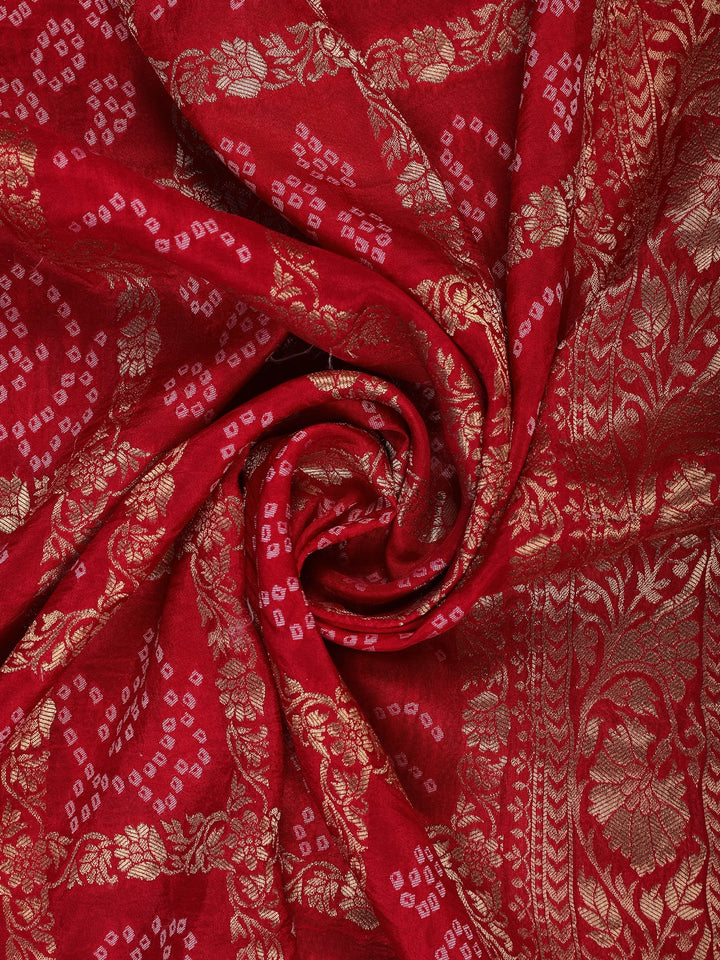 Bridal Red Print Woven Zari Border Bandhani Saree - Diadem