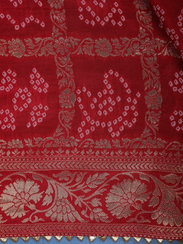 Bridal Red Print Woven Zari Border Bandhani Saree - Diadem