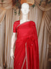 Bright Cherry Red Floral Sequins and Beads Embroidered Design Organza Party Wear Saree with Scalloped Border