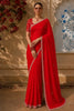 Bright Cherry Red Floral Sequins and Beads Embroidered Design Organza Party Wear Saree with Scalloped Border