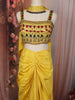 Bright Lemon Yellow Heavy Beads and Mirror Embroidered Design Holographic Lehenga With Choker Dupatta