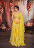 Bright Lemon Yellow Vertical Striped Beads Embroidered Design Organza Haldi Lehenga with Matching Dupatta
