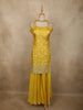 Bright Marigold Yellow Floral Zari Woven Design Banarasi Silk Palazzo Suit with Choker Dupatta