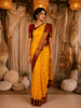 Bright Marigold Yellow Peacock Butta Zari Woven Design Pure Kanchipuram Silk Saree with Contrast Zari Border