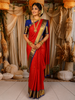 Bright Orange Checked Zari Woven Design Pure Kanchipuram Silk Saree with Contrast Zari Border