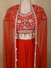 Bright Orange Floral Beads Embroidered Design Georgette Party Wear Skirt Top