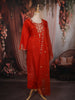 Bright Orange Floral Thread Embroidered Design Satin Straight Cut Salwar Suit with Dupatta