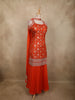 Bright Orange Floral Zari Woven Design Banarasi Silk Palazzo Suit with Choker Dupatta