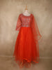 Bright Orange Mirror and Thread Embroidered Design Net Gown with Dupatta