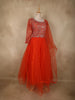 Bright Orange Mirror and Thread Embroidered Design Net Gown with Dupatta