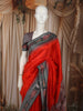 Bright Orange Solid Woven Design Pure Tussar Silk Fancy Saree with Contrast Ikat Border