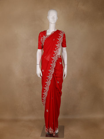 Bright Red Embroidered Georgette Saree - Diadem