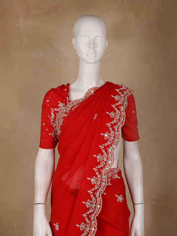 Bright Red Embroidered Georgette Saree - Diadem