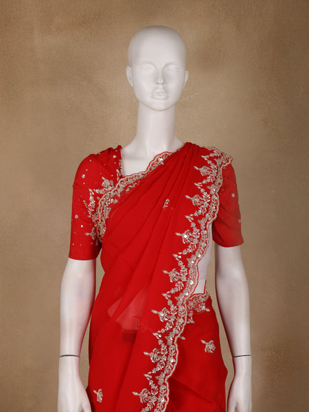 Bright Red Embroidered Georgette Saree - Diadem