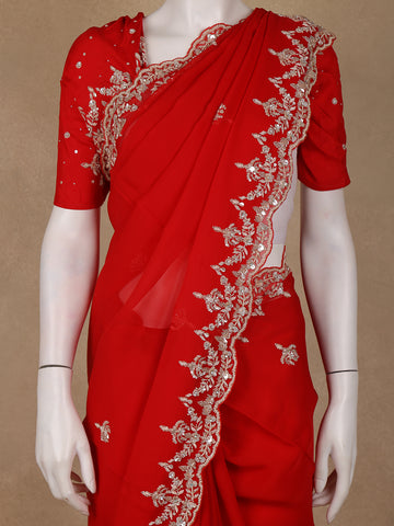Bright Red Embroidered Georgette Saree - Diadem