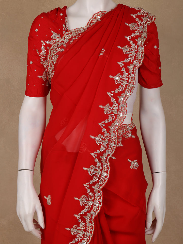 Bright Red Embroidered Georgette Saree - Diadem