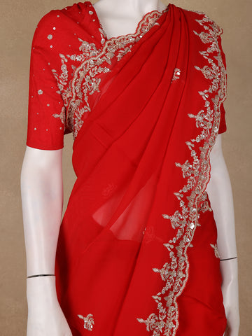 Bright Red Embroidered Georgette Saree - Diadem