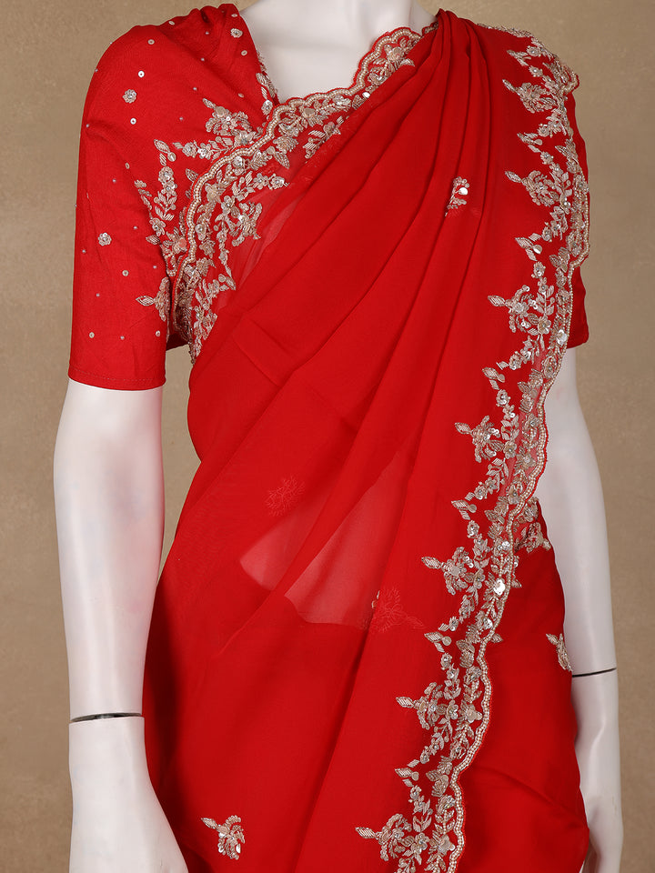 Bright Red Embroidered Georgette Saree - Diadem