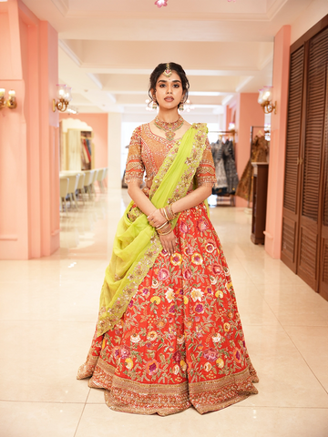 Bright Red Floral Embroidered Raw Silk Bridal Lehenga - Diadem