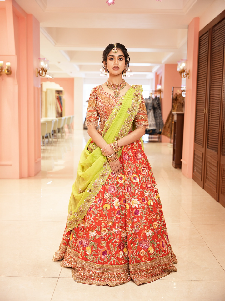 Bright Red Floral Embroidered Raw Silk Bridal Lehenga - Diadem
