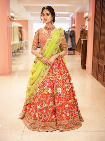 Bright Red Floral Embroidered Raw Silk Bridal Lehenga - Diadem