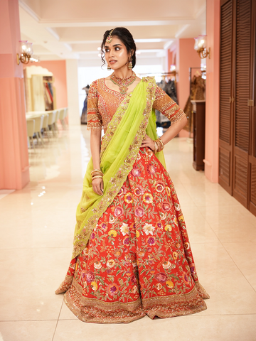 Bright Red Floral Embroidered Raw Silk Bridal Lehenga - Diadem