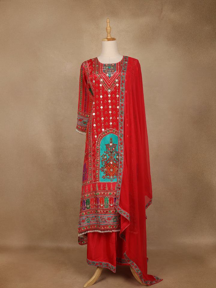 Bright Red Floral Print Crepe Palazzo Salwar Suit - Diadem