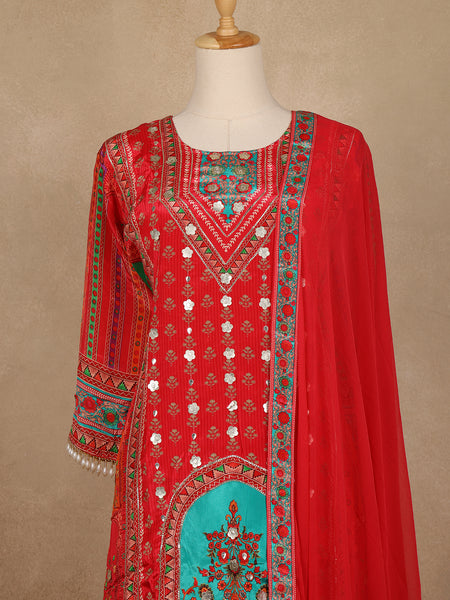 Bright Red Floral Print Crepe Palazzo Salwar Suit - Diadem