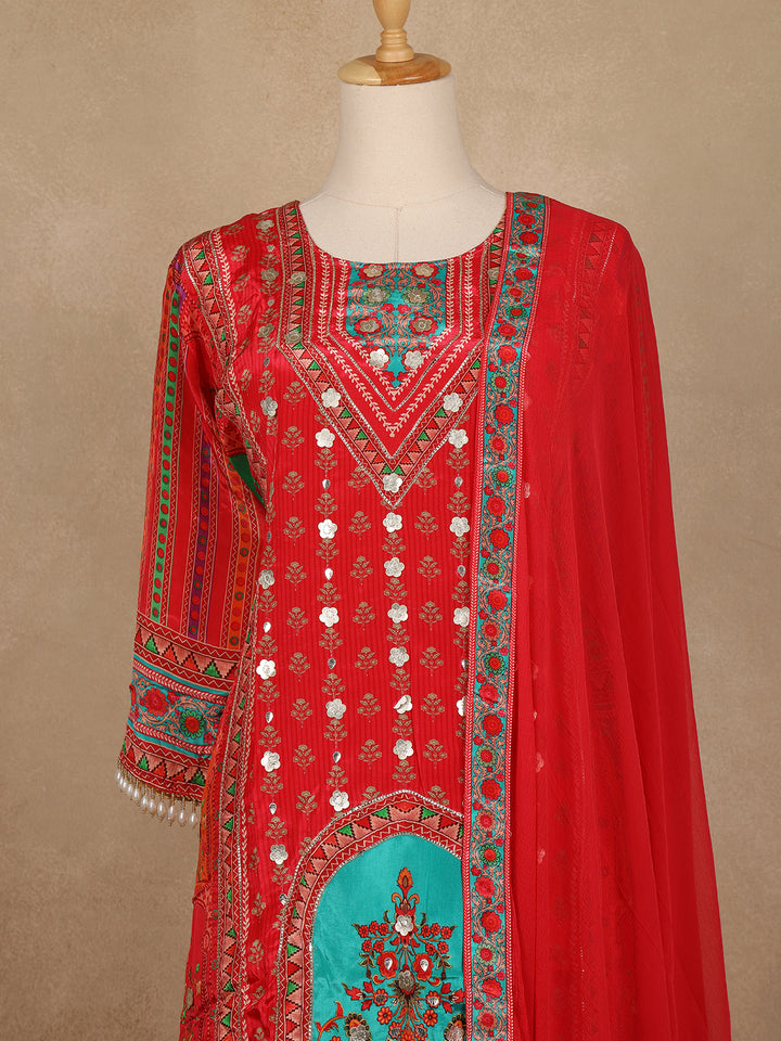 Bright Red Floral Print Crepe Palazzo Salwar Suit - Diadem