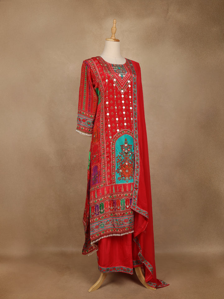 Bright Red Floral Print Crepe Palazzo Salwar Suit - Diadem