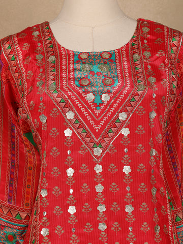 Bright Red Floral Print Crepe Palazzo Salwar Suit - Diadem