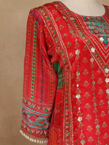 Bright Red Floral Print Crepe Palazzo Salwar Suit - Diadem