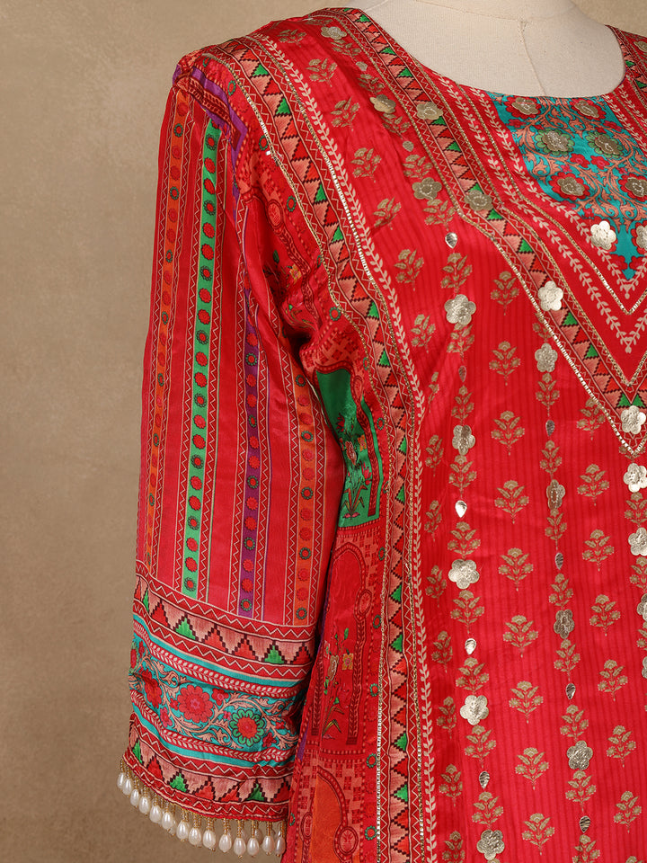 Bright Red Floral Print Crepe Palazzo Salwar Suit - Diadem