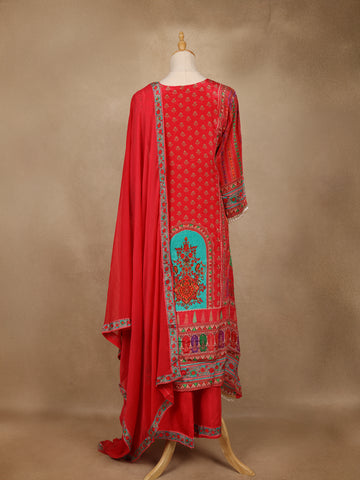 Bright Red Floral Print Crepe Palazzo Salwar Suit - Diadem