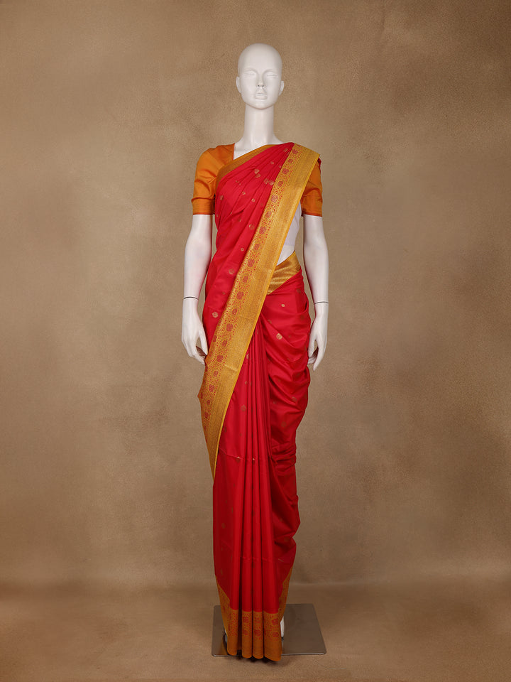 Bright Red Floral Woven Soft Silk Saree With Marigold Yellow Contrast Border - Diadem