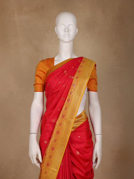 Bright Red Floral Woven Soft Silk Saree With Marigold Yellow Contrast Border - Diadem