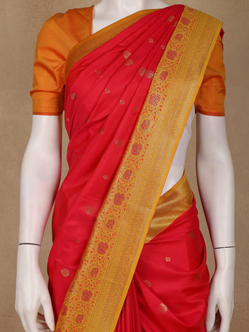 Bright Red Floral Woven Soft Silk Saree With Marigold Yellow Contrast Border - Diadem