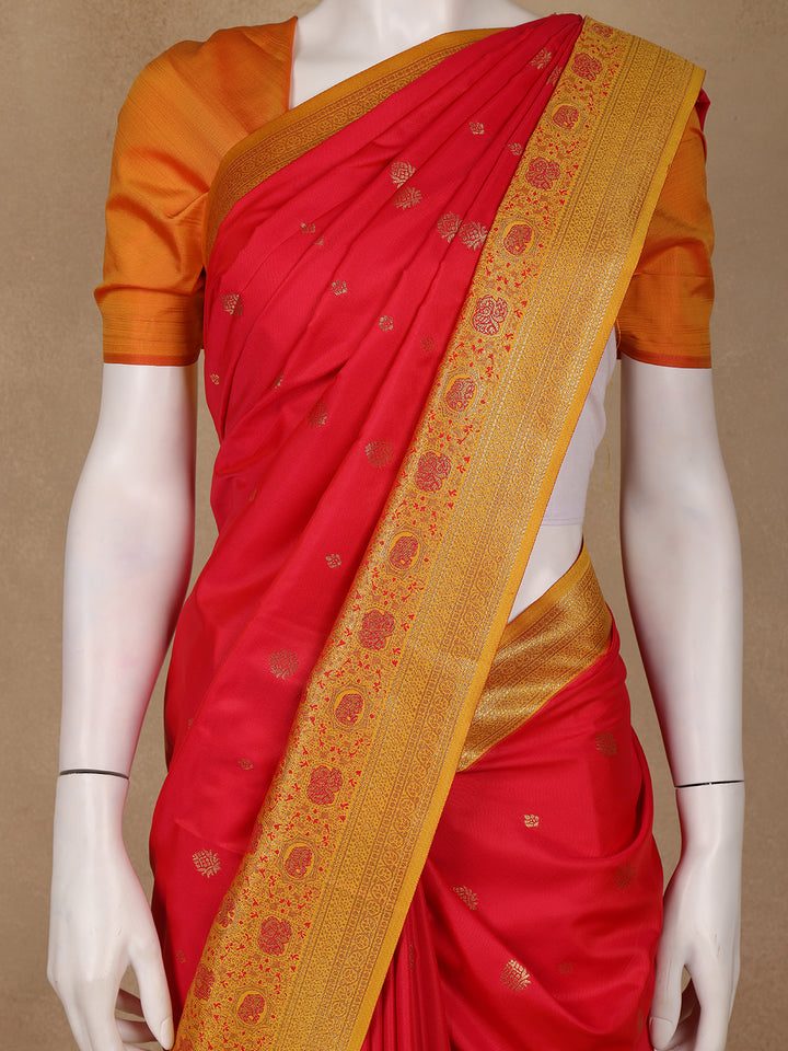 Bright Red Floral Woven Soft Silk Saree With Marigold Yellow Contrast Border - Diadem