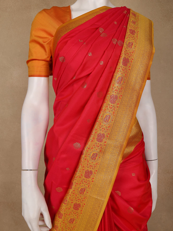 Bright Red Floral Woven Soft Silk Saree With Marigold Yellow Contrast Border - Diadem