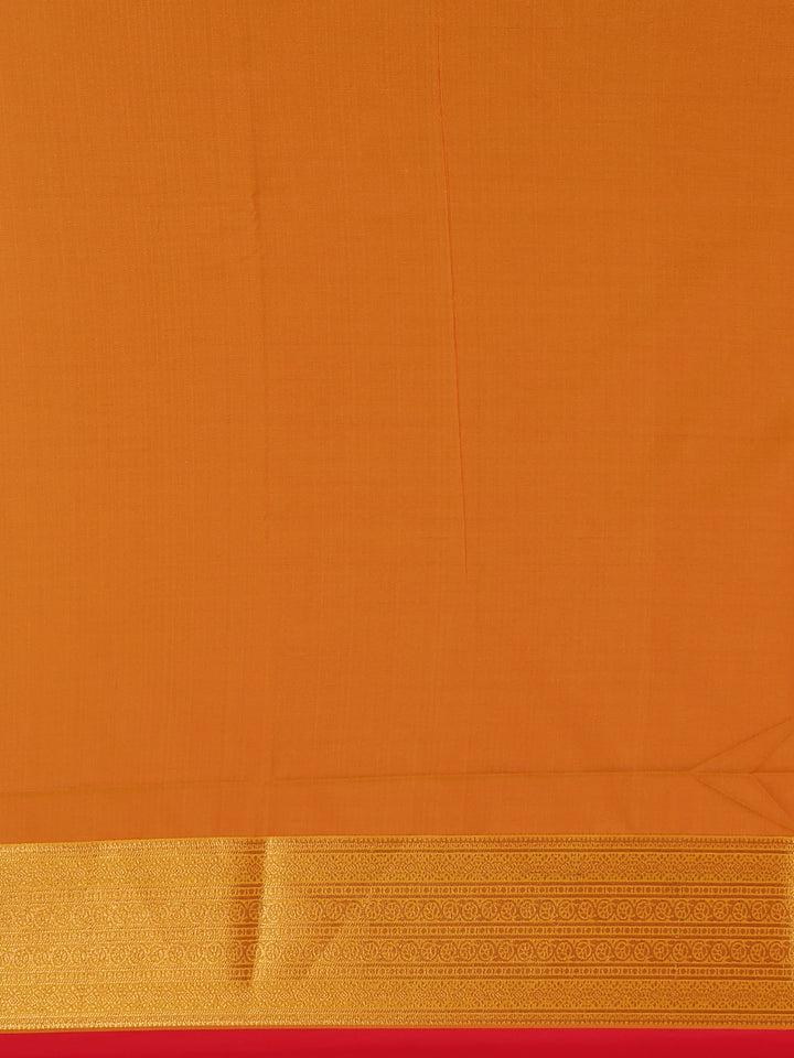 Bright Red Floral Woven Soft Silk Saree With Marigold Yellow Contrast Border - Diadem