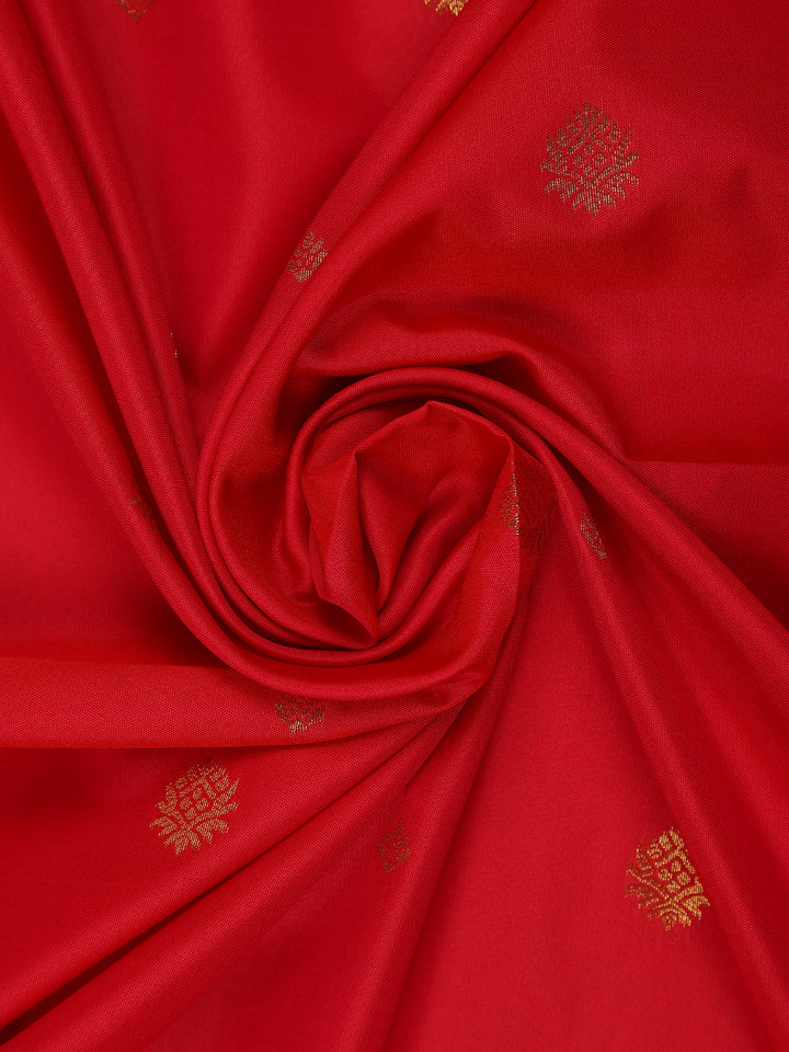 Bright Red Floral Woven Soft Silk Saree With Marigold Yellow Contrast Border - Diadem