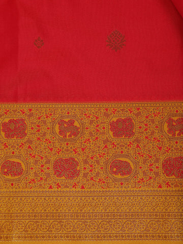 Bright Red Floral Woven Soft Silk Saree With Marigold Yellow Contrast Border - Diadem