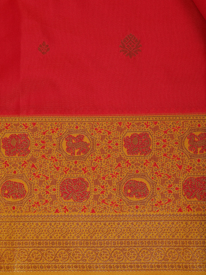 Bright Red Floral Woven Soft Silk Saree With Marigold Yellow Contrast Border - Diadem