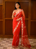 Bright Vermilion Red Floral Vine Sequins and Zardozi Embroidered Design Net Fancy Saree with Designer Border