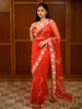 Bright Vermilion Red Floral Vine Sequins and Zardozi Embroidered Design Net Fancy Saree with Designer Border