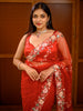 Bright Vermilion Red Floral Vine Sequins and Zardozi Embroidered Design Net Fancy Saree with Designer Border